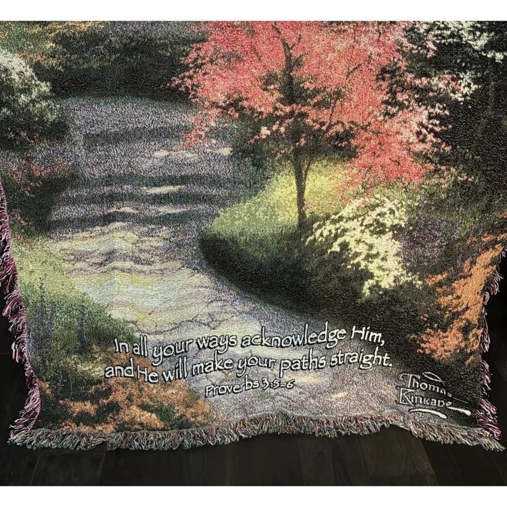 Thomas Kinkade Tapestry Throw Blanket Proverbs 3:5-6 Floral Landscape NWT